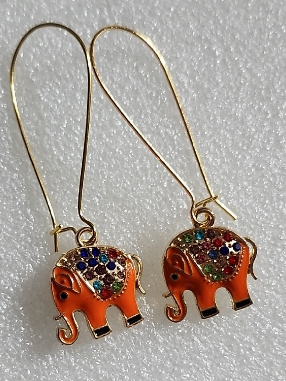 Hand Crafted Orange Elephant Drop Earrings with Multicolor Rhinestones
